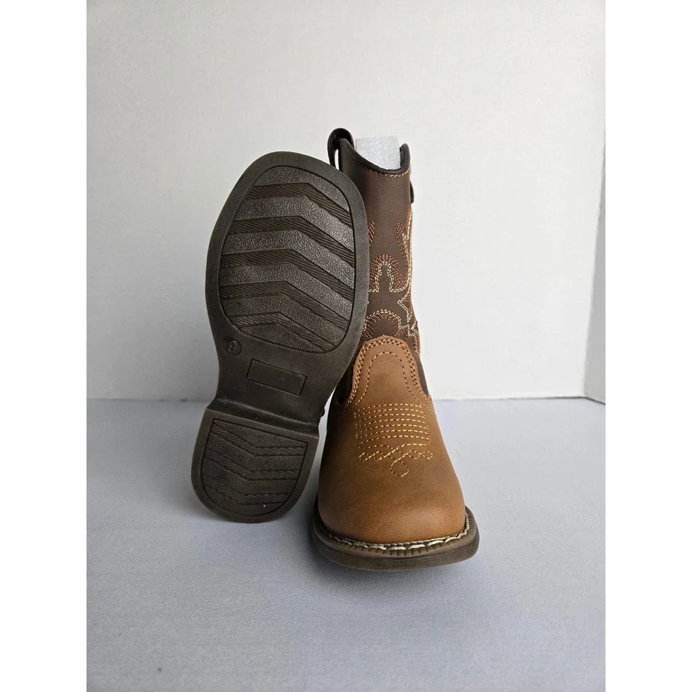 Kids Brown Western Cowboy Boots Side Zip Square Toe Size 6 Toddler